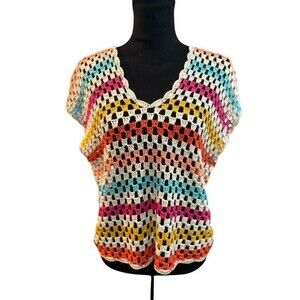 Umgee Women Blouse Size Medium Beige Blue Crochet Vneck Short Sleeve See Through